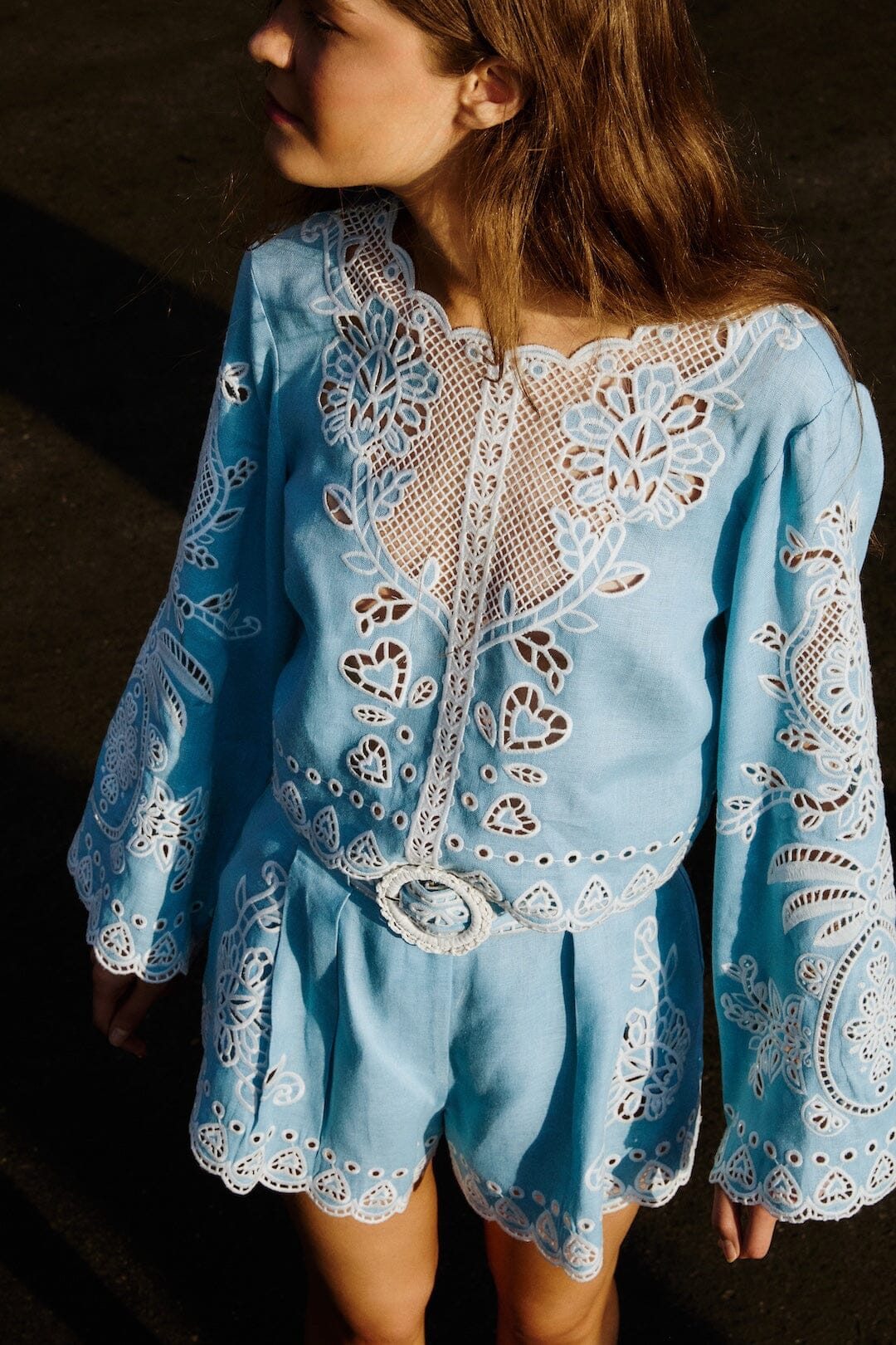 Light Blue Romantic Richelieu Euroflax Premium Linen Blouse