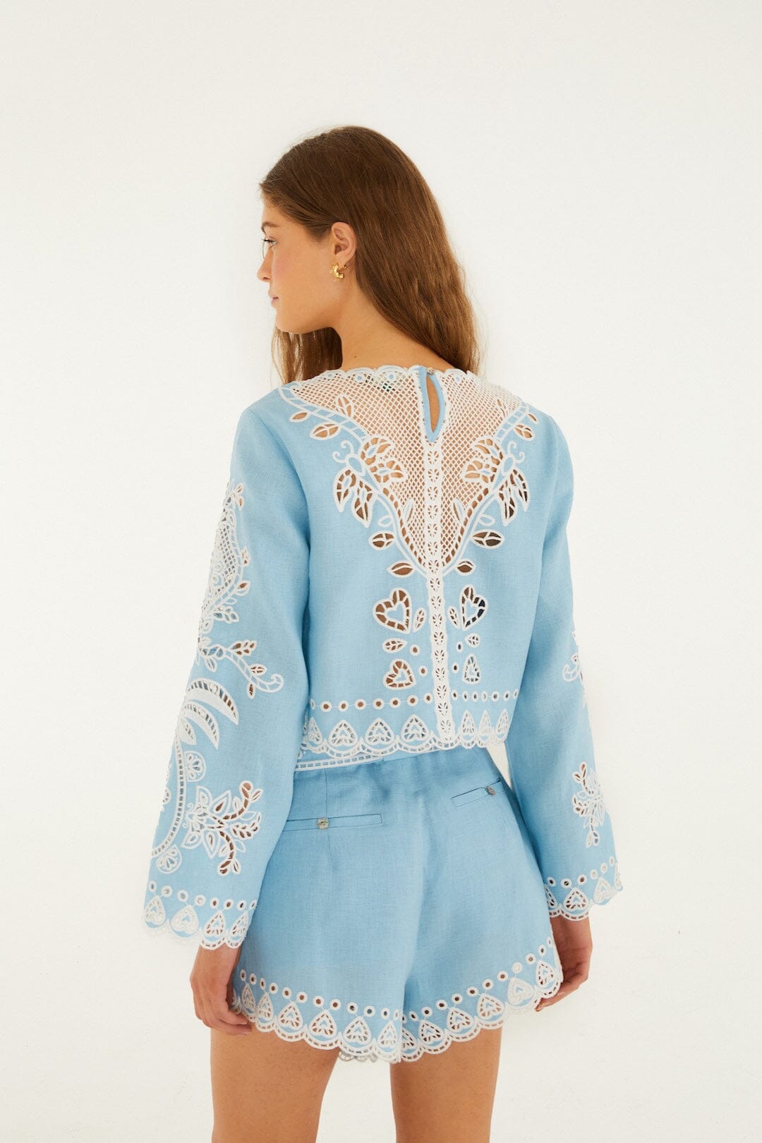 FARM Rio Light Blue Romantic Richelieu Euroflax Premium Linen Blouse, Blue / XL FARM Rio Light Blue Romantic Richelieu Euroflax Premium Linen Blouse, Blue / XL