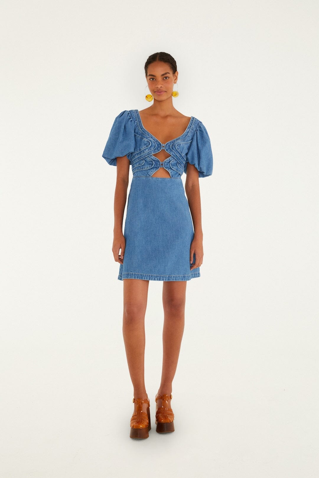 Denim Wavy Cut-Out Puff Sleeve Mini Dress | FARM Rio