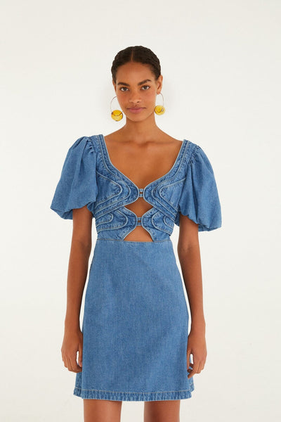 white christmas dresses Marlowe Denim Puff Sleeve Mini Dress – Thomas and Rye main image 0