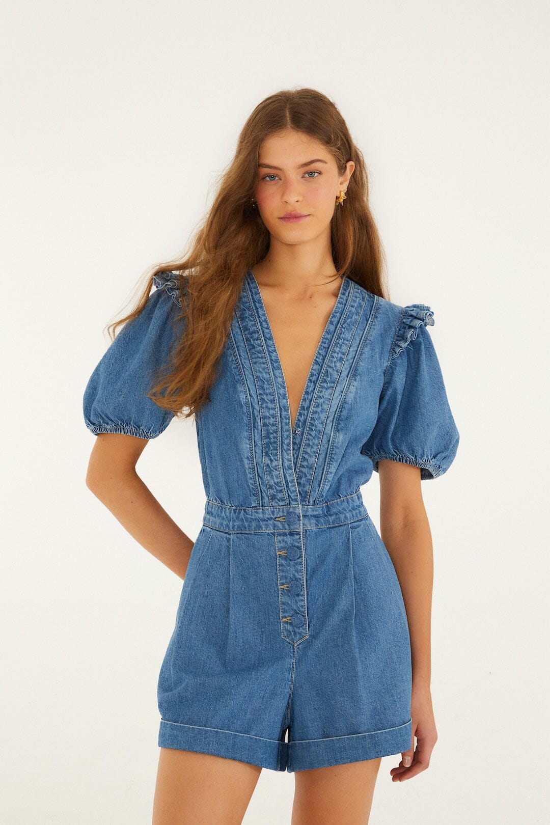 Denim Ruffled Puff Sleeve Romper