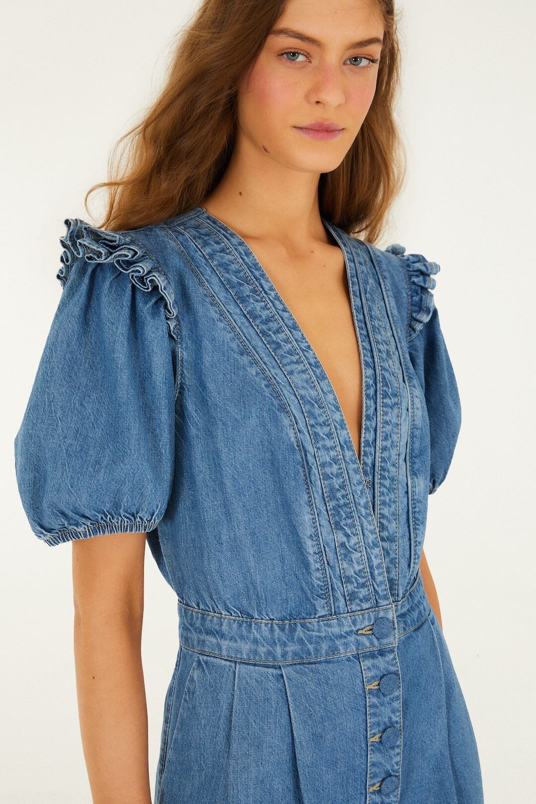 Denim Ruffled Puff Sleeve Romper