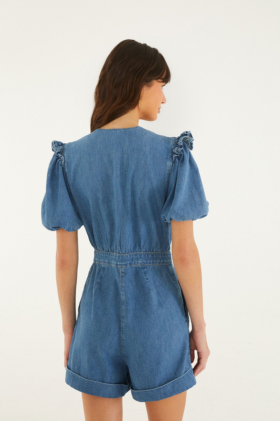 Denim Ruffled Puff Sleeve Romper | FARM Rio