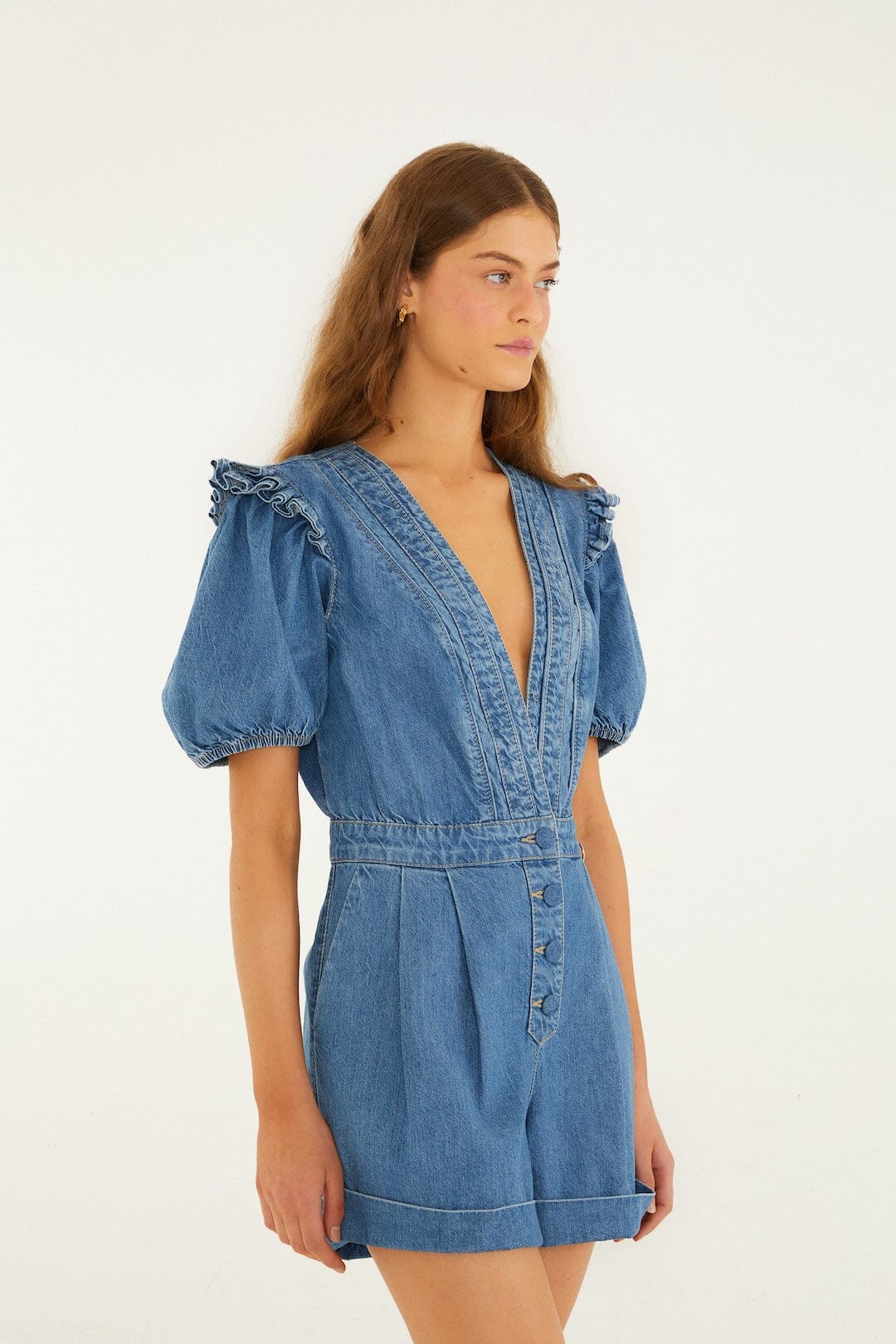 Denim Ruffled Puff Sleeve Romper
