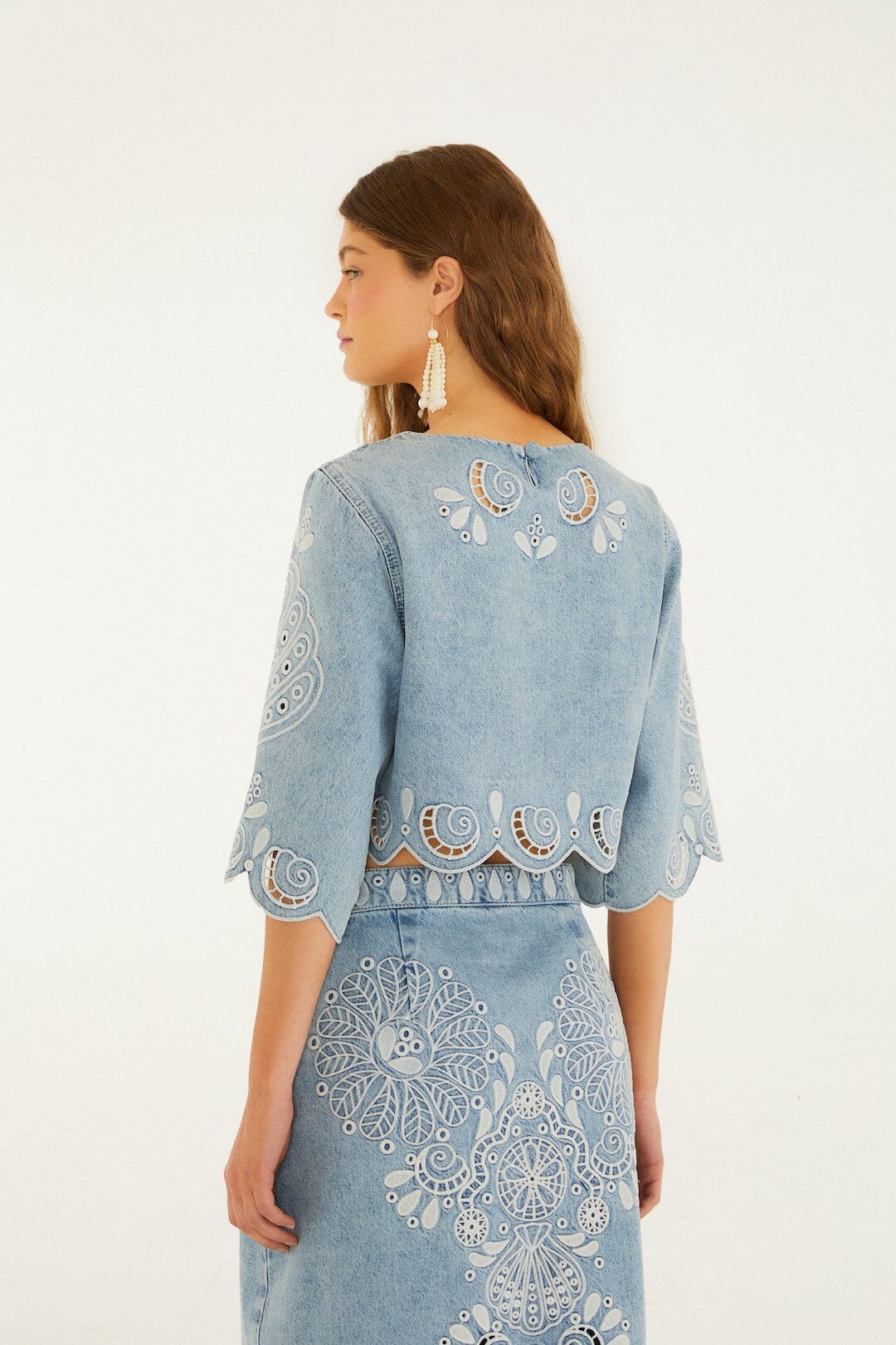 Denim Richelieu Kimono Sleeves Cropped Blouse