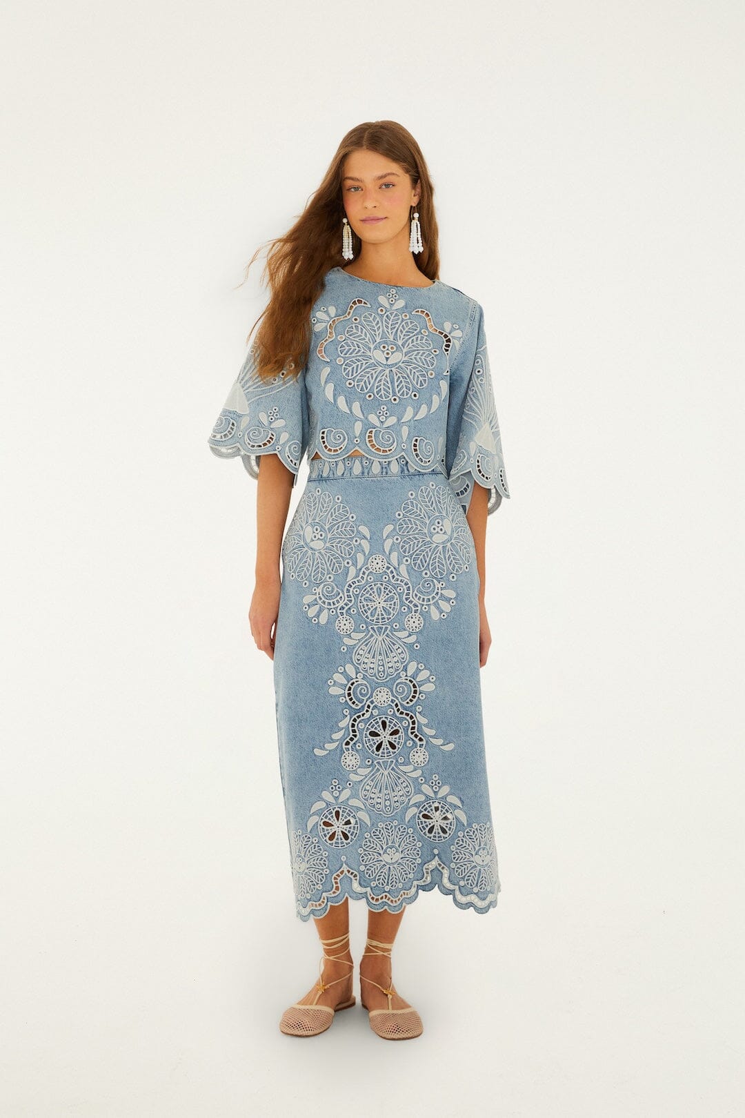 Denim Richelieu Kimono Sleeves Cropped Blouse | FARM Rio