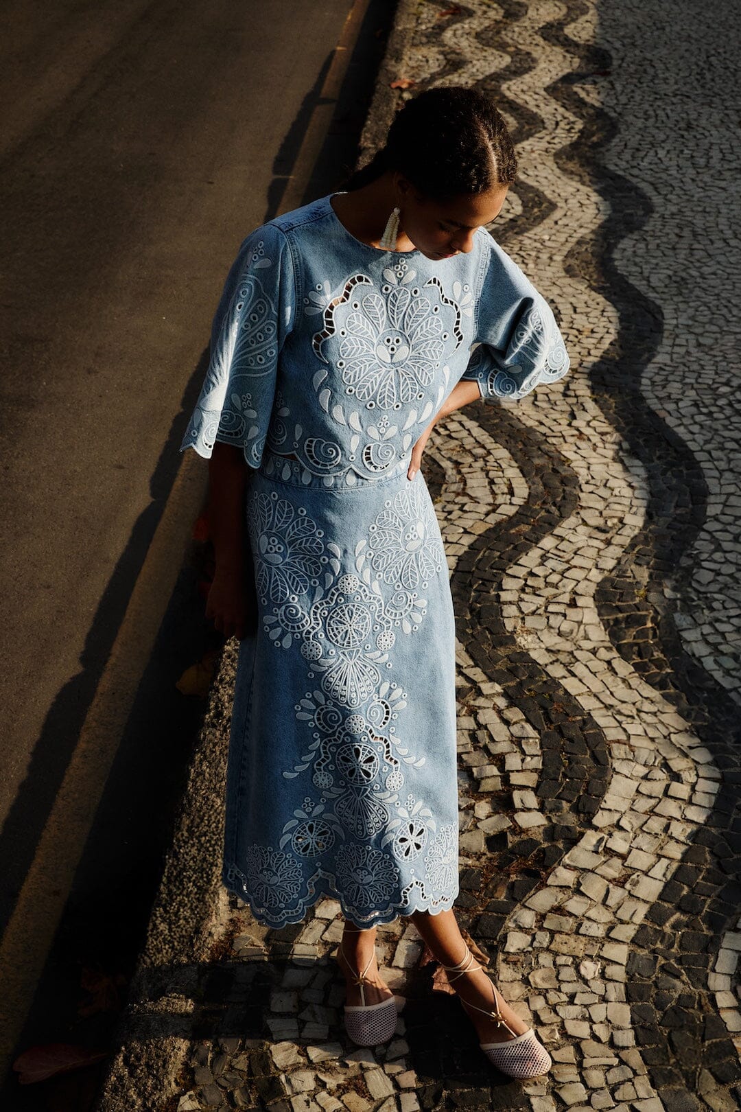 Denim Richelieu Wavy Hem Midi Skirt