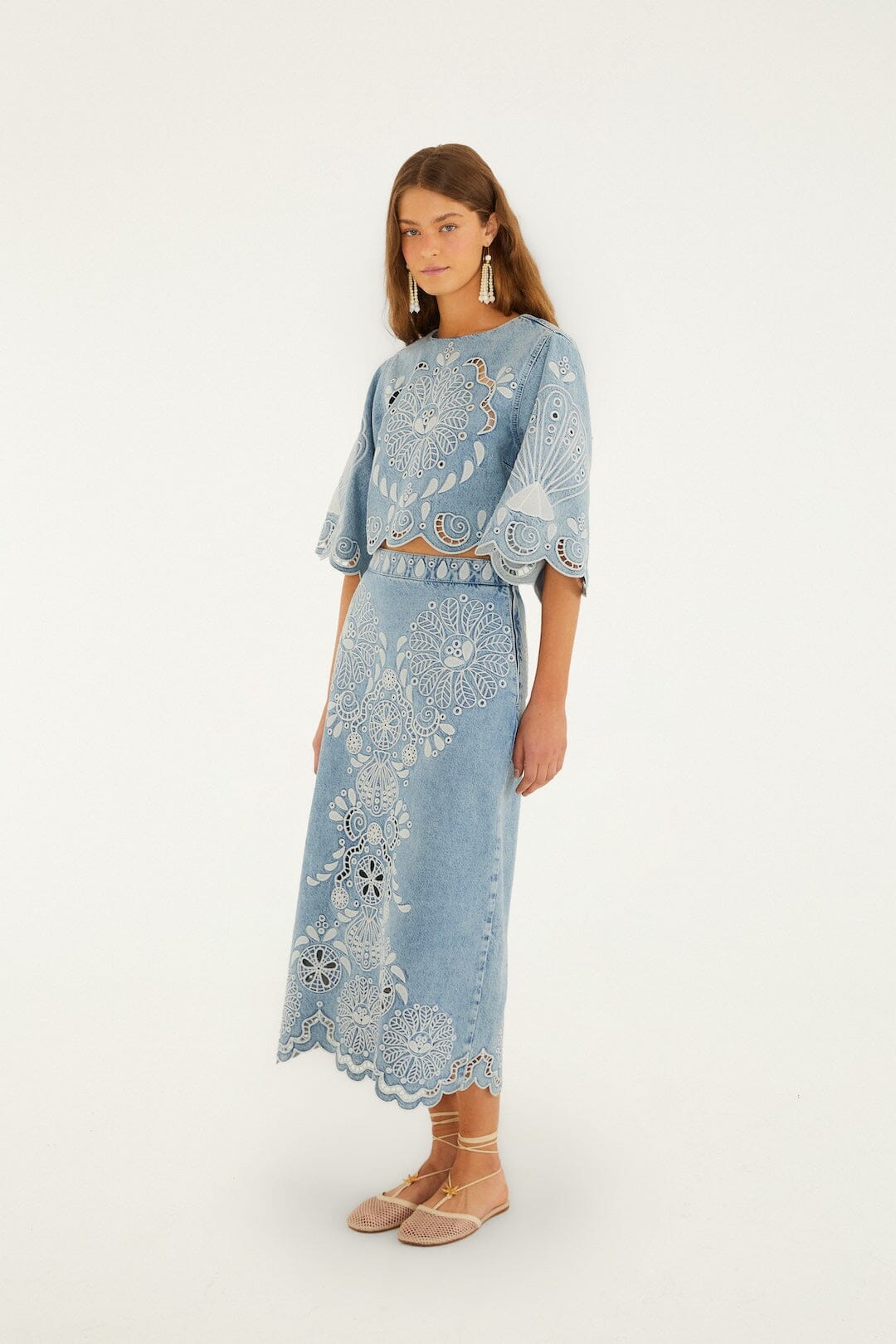 Denim Richelieu Wavy Hem Midi Skirt