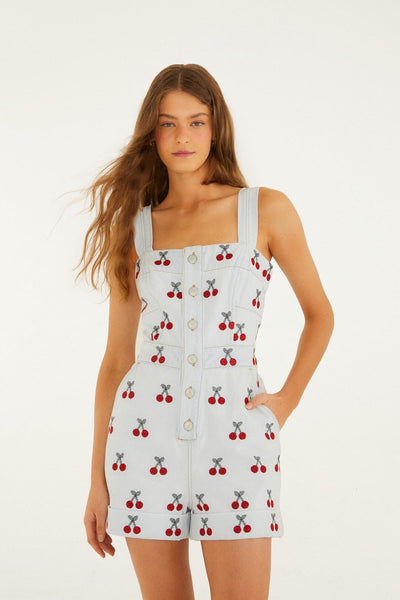 Embroidered Cherry Denim Romper | FARM Rio