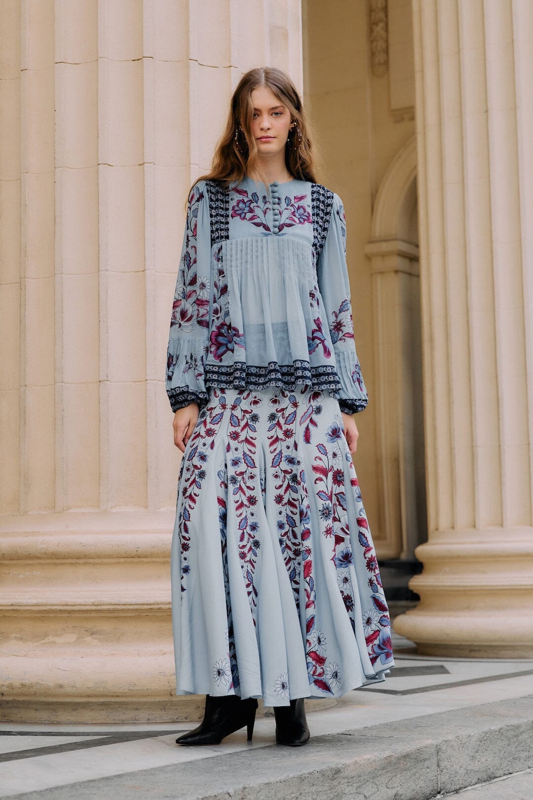 Soft Blue Marcelle Pleated Maxi Skirt