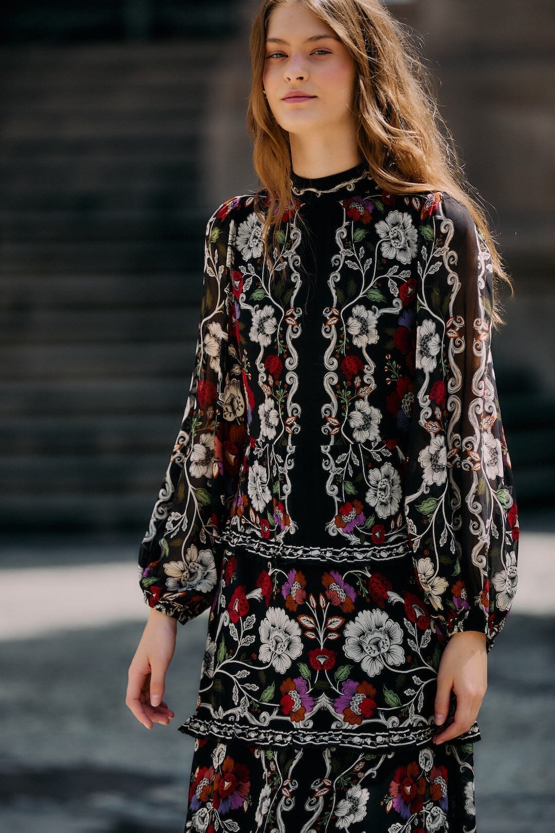 FARM Rio Black Rococo Flowers Ruffled Maxi Dress, Rococo Flowers Black / XXS FARM Rio Black Rococo Flowers Ruffled Maxi Dress, Rococo Flowers Black / XXS