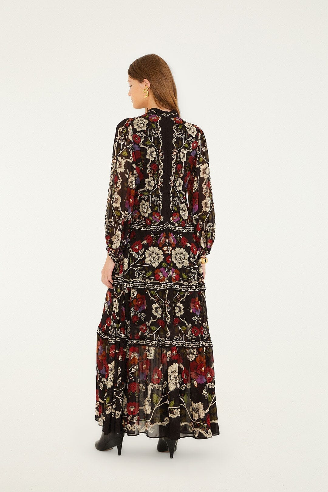 Black Rococo Flowers Ruffled Maxi Dress