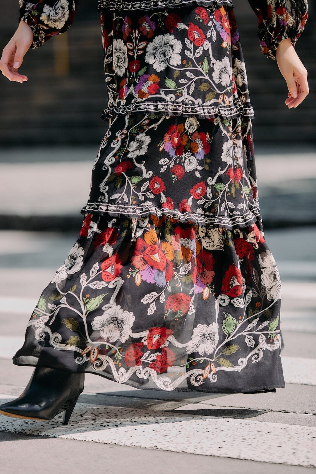 FARM Rio Black Rococo Flowers Ruffled Maxi Dress, Rococo Flowers Black / XXS FARM Rio Black Rococo Flowers Ruffled Maxi Dress, Rococo Flowers Black / XXS