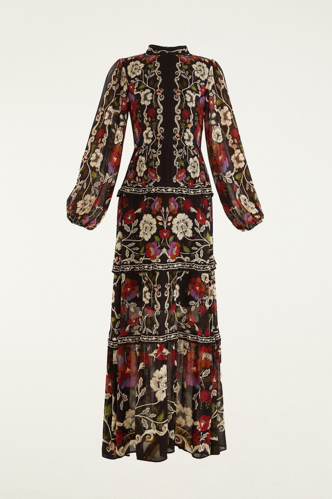 Black Rococo Flowers Ruffled Maxi Dress