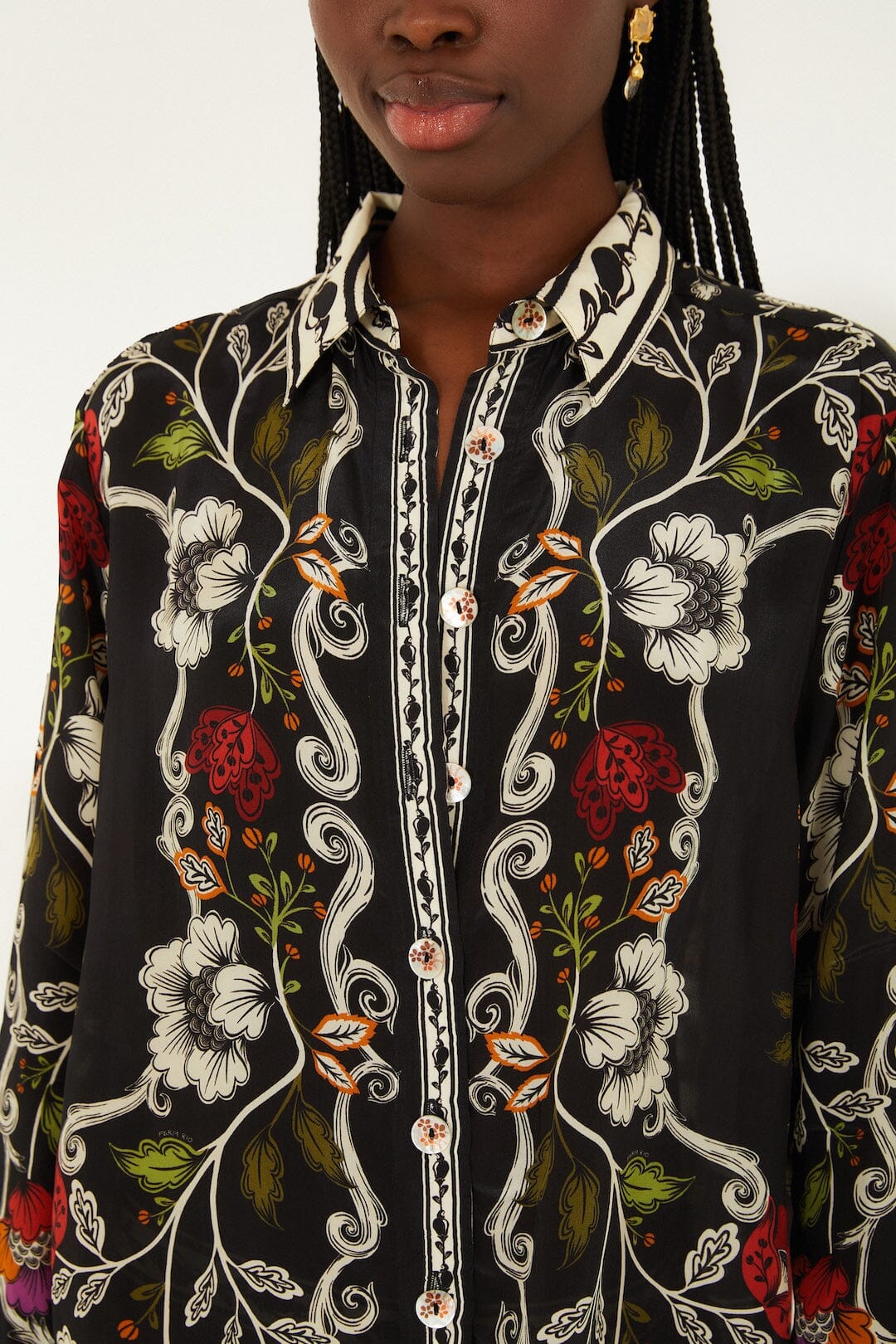 Black Rococo Flowers Collared Buttoned Shirt