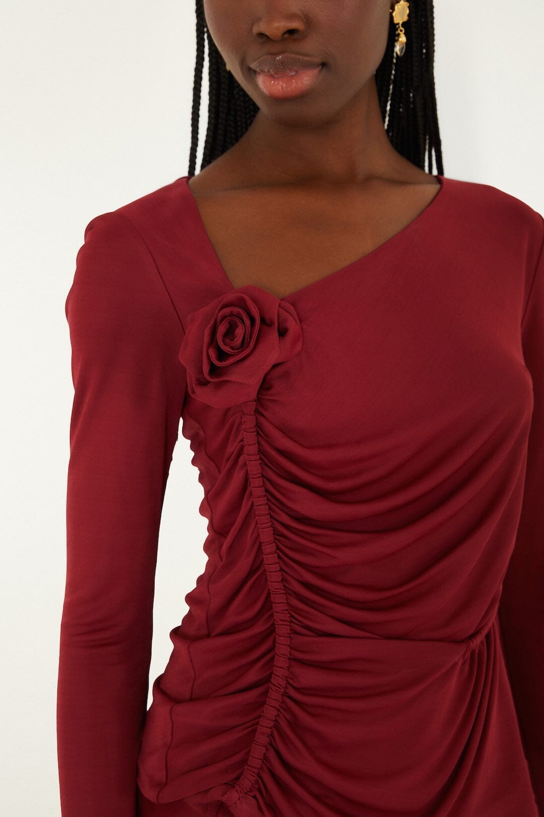 FARM Rio Burgundy 3d Flower Draped Long Sleeve Blouse, Burgundy / S FARM Rio Burgundy 3d Flower Draped Long Sleeve Blouse, Burgundy / S