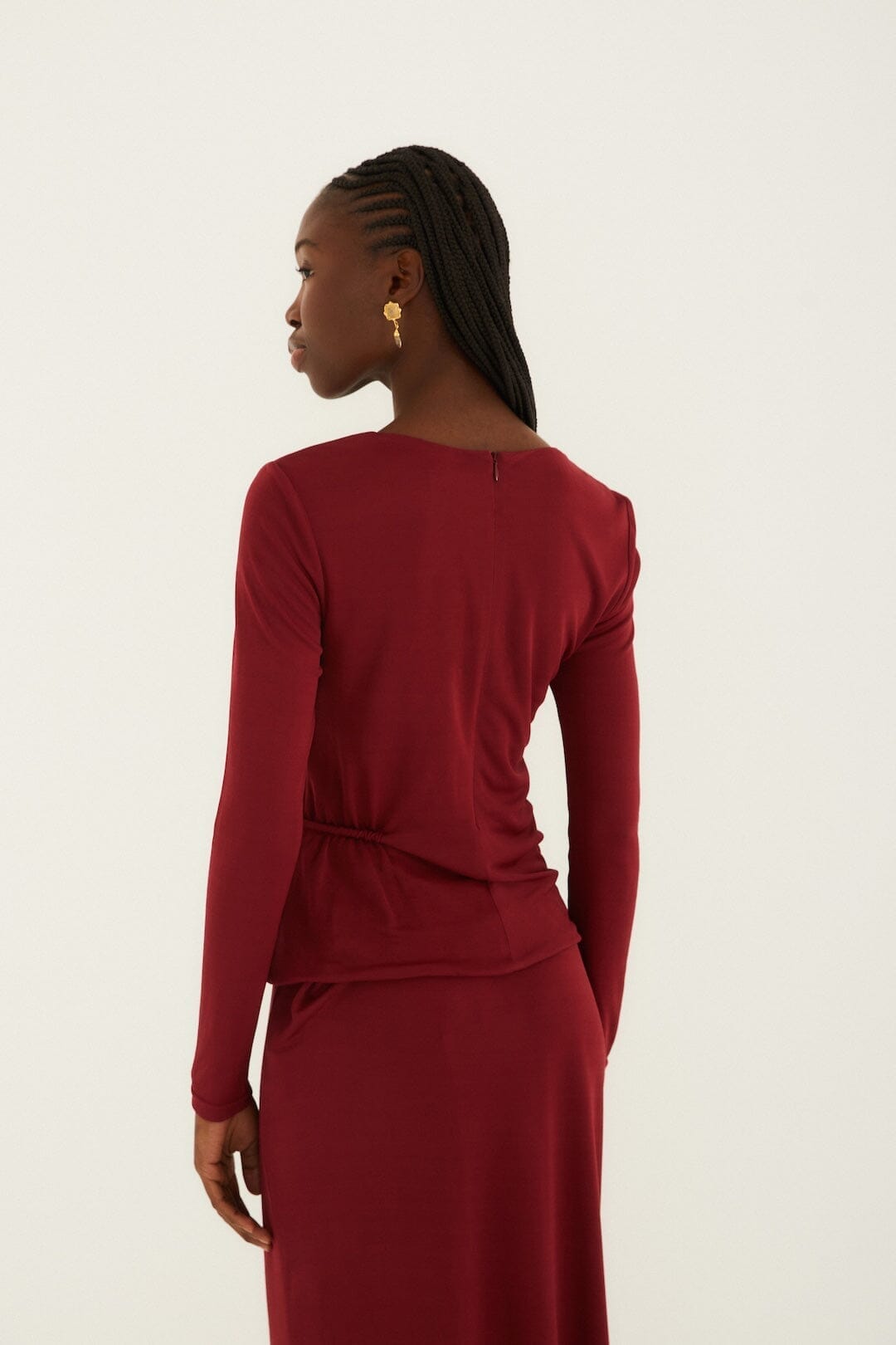 FARM Rio Burgundy 3d Flower Draped Long Sleeve Blouse, Burgundy / S FARM Rio Burgundy 3d Flower Draped Long Sleeve Blouse, Burgundy / S