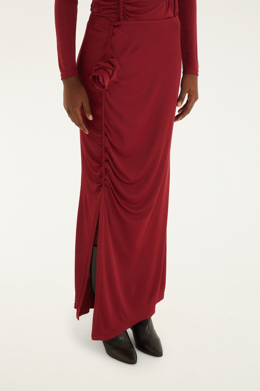 Burgundy 3d Flower Draped Side Slit Maxi Skirt