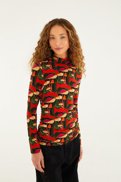 Black Wild Mushrooms Ruched Waist Jersey Blouse | FARM Rio