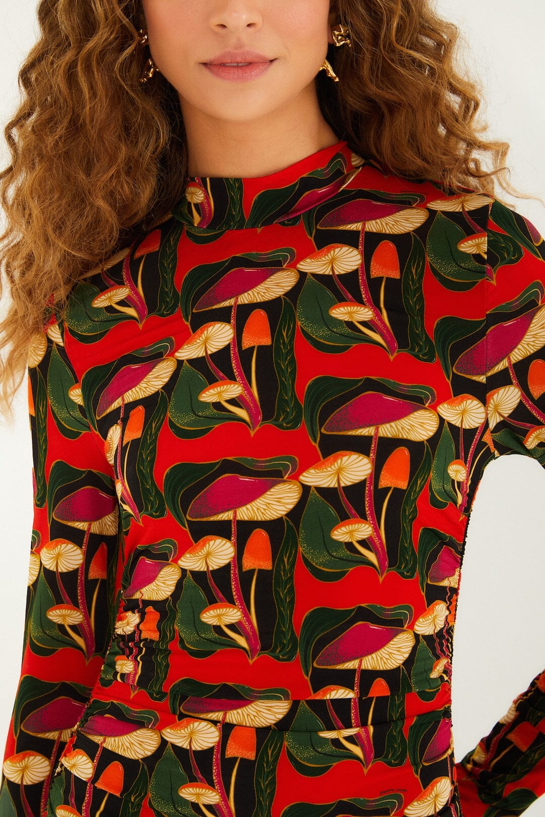 Black Wild Mushrooms Ruched Waist Jersey Blouse