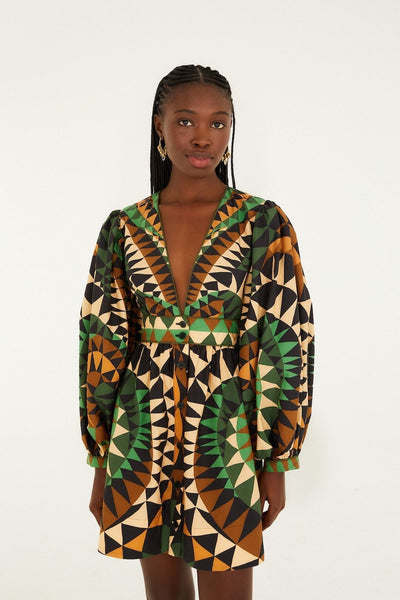 Farm Rio Green Heart Deco Puff Sleeve Organic Cotton Mini Dress, Heart Deco Green / XXS