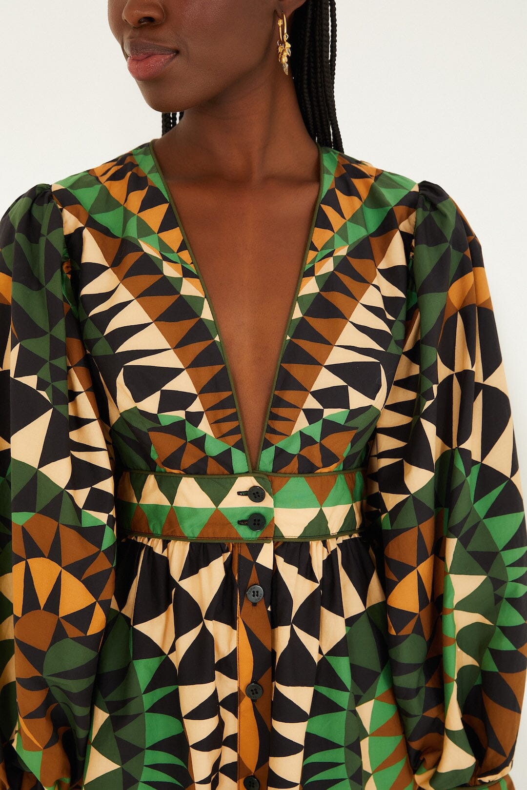 Green Heart Deco Puff Sleeve Organic Cotton Mini Dress