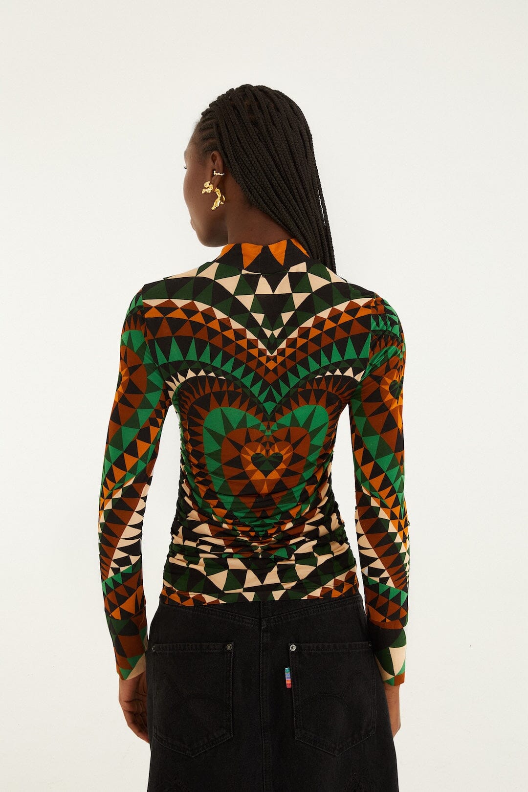 Green Heart Deco Ruched Waist Jersey Blouse