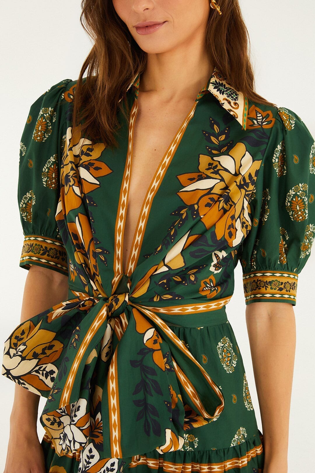 Green Ayla Short Puff Sleeve Organic Cotton Mini Dress | FARM Rio Green Ayla Short Puff Sleeve Organic Cotton Mini Dress | FARM Rio