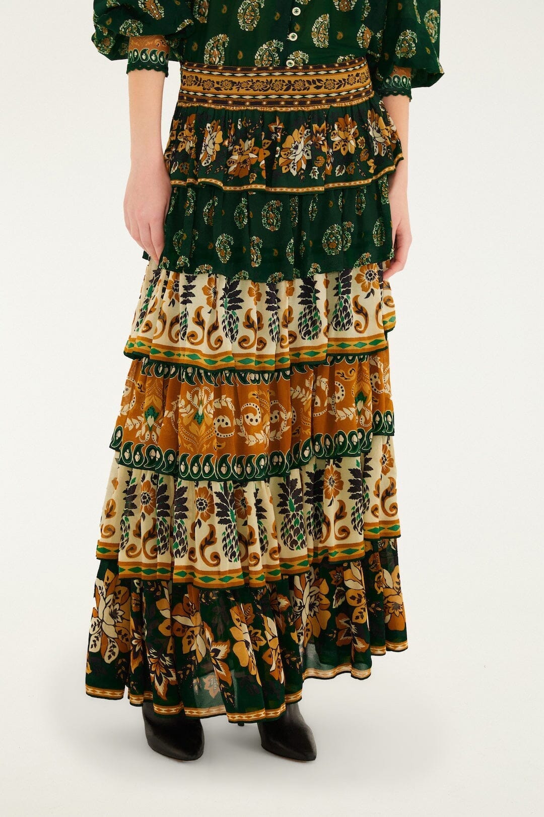 Green Ayla Mixed Scarves Layered Maxi Skirt | FARM Rio Green Ayla Mixed Scarves Layered Maxi Skirt | FARM Rio