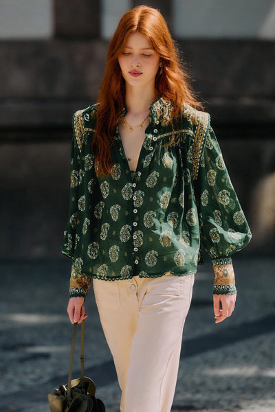 Green Tayla Lace Buttoned Puff Sleeve Blouse | FARM Rio