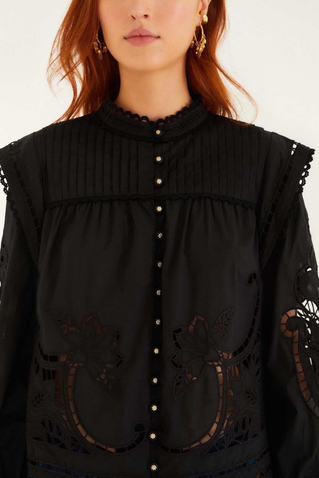 Black Richelieu Puff Sleeve Organic Cotton Blouse