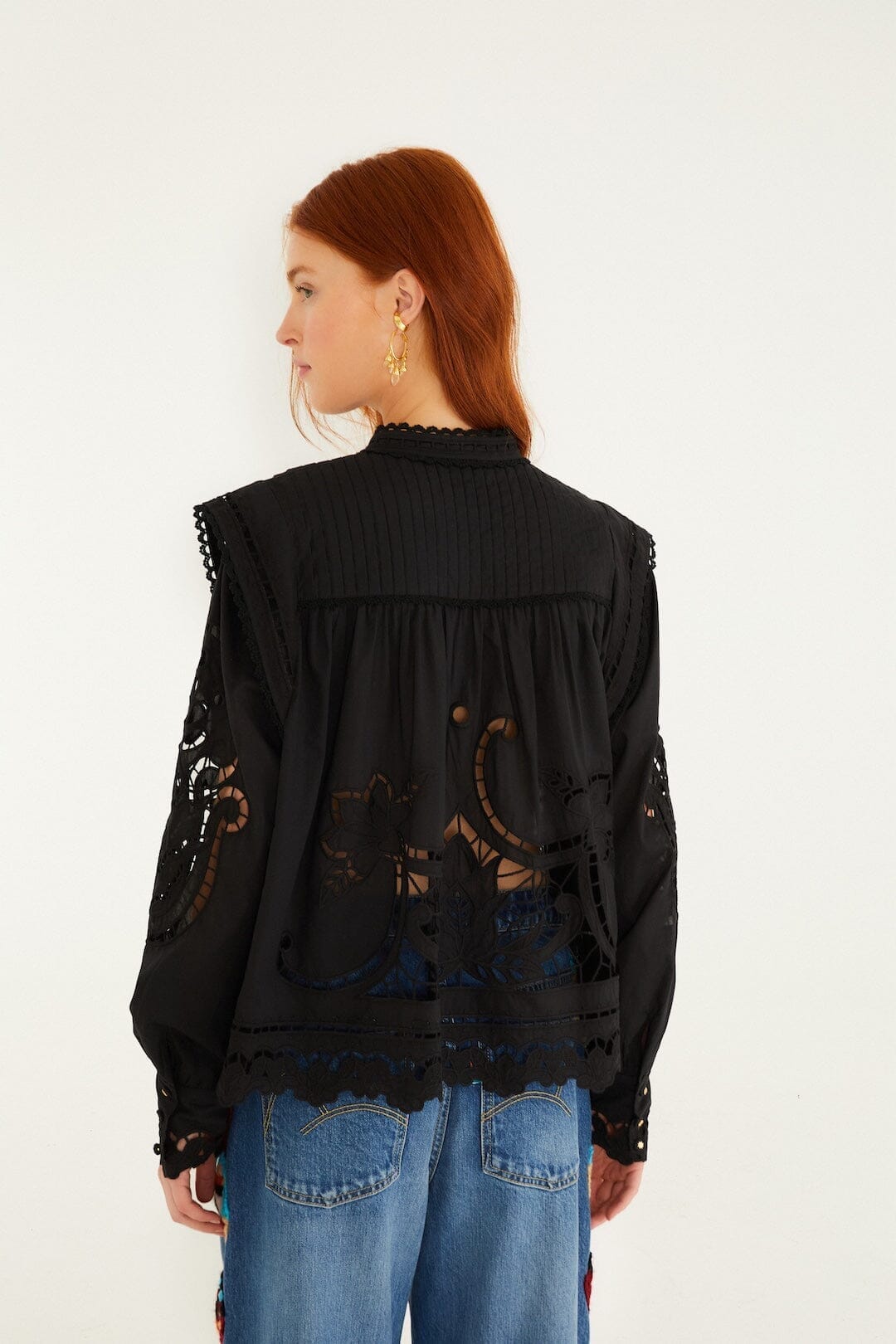 Black Richelieu Puff Sleeve Organic Cotton Blouse | FARM Rio