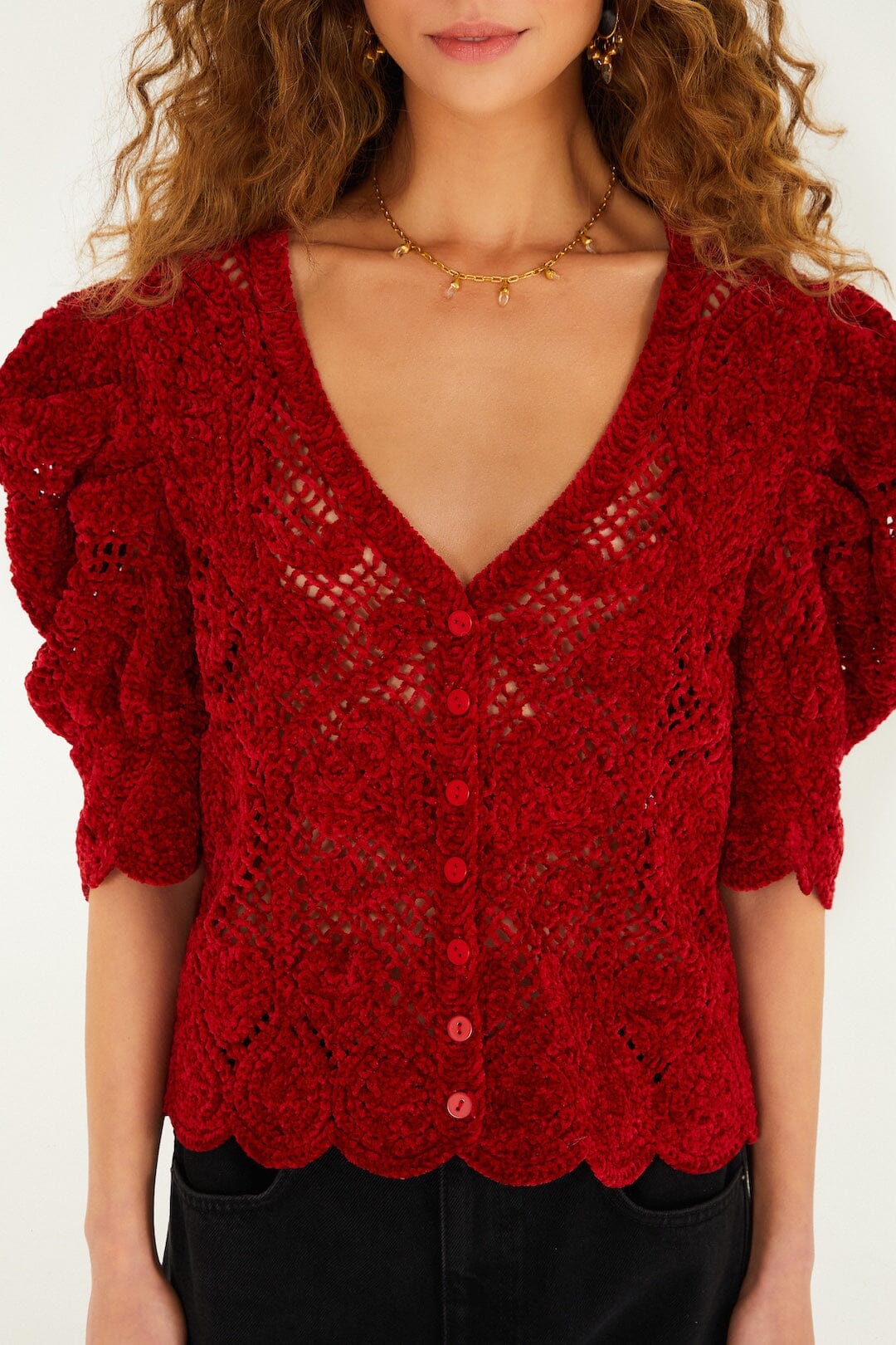 Red Rococo Hearts Puff Sleeve Crochet Cardigan