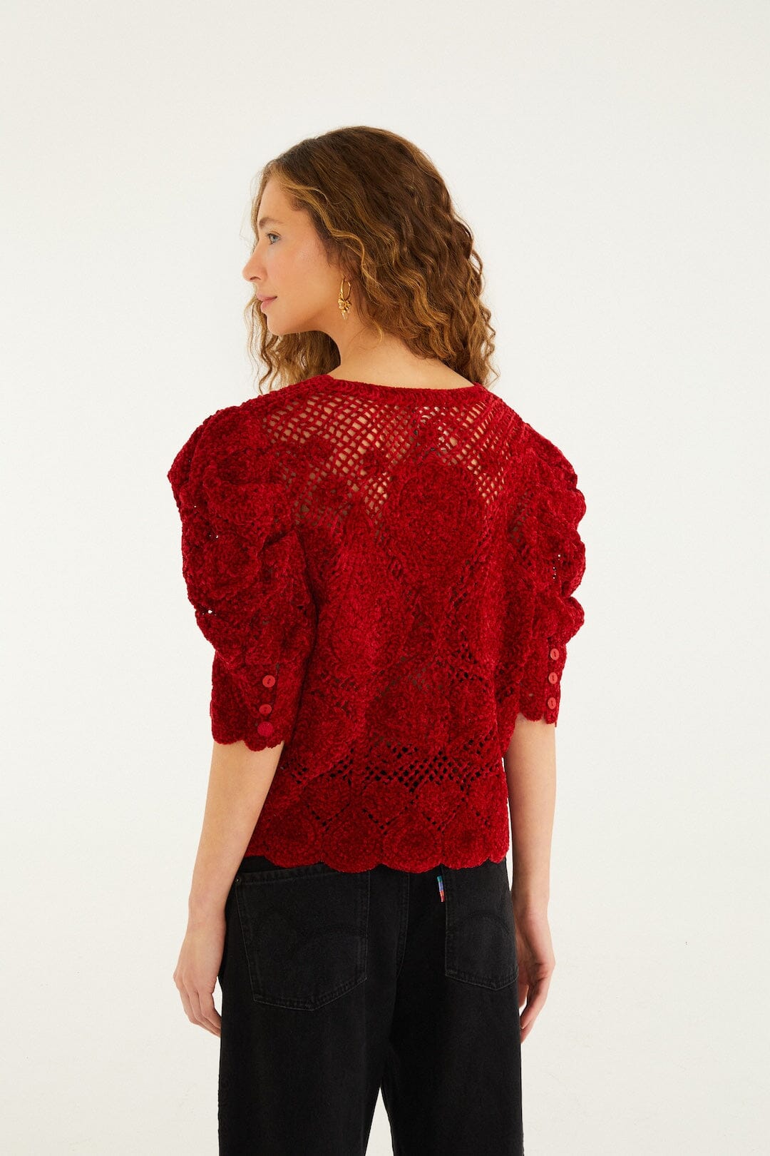 Red Rococo Hearts Puff Sleeve Crochet Cardigan | FARM Rio