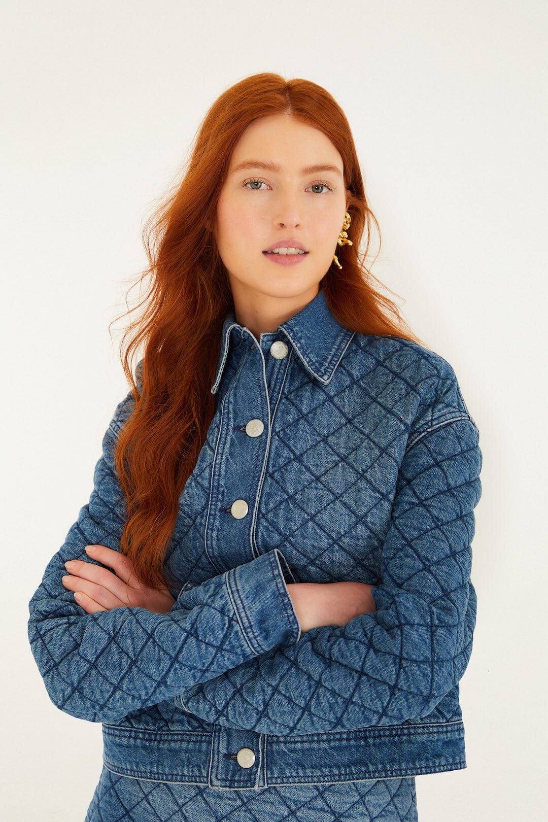 Denim Buttoned Quilted Bomber Jacket