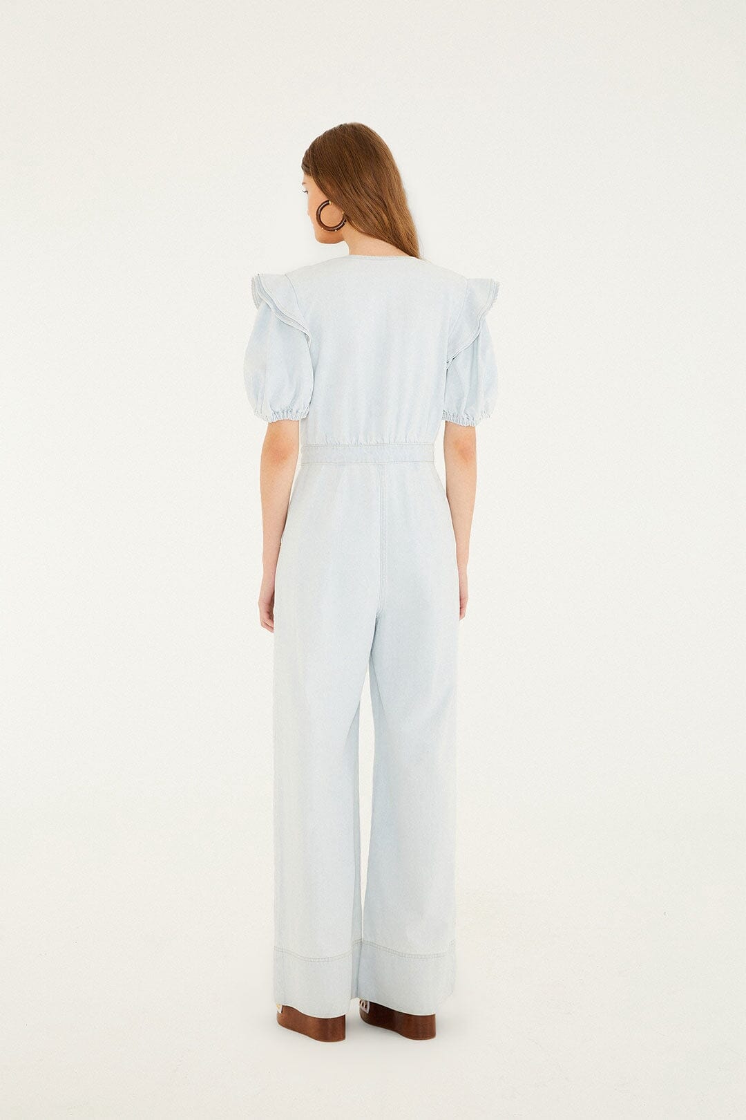 Denim V Neck Pleated Ruffled Jumpsuit