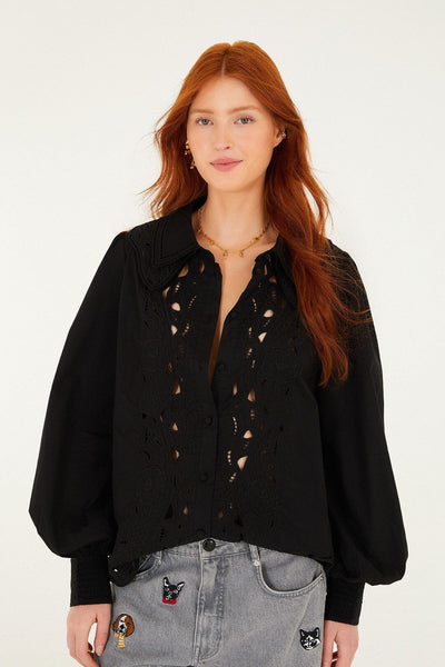 Black Embroidered Buttoned Puff Sleeve Shirt | FARM Rio