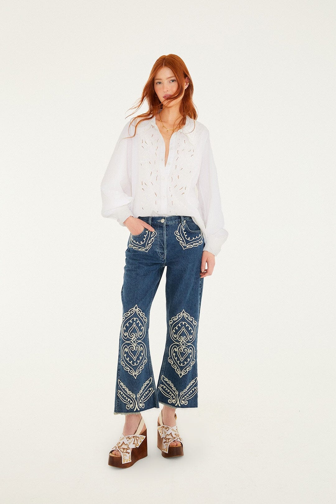Off-White Embroidered Lace Buttoned Smocked Cuff Shirt