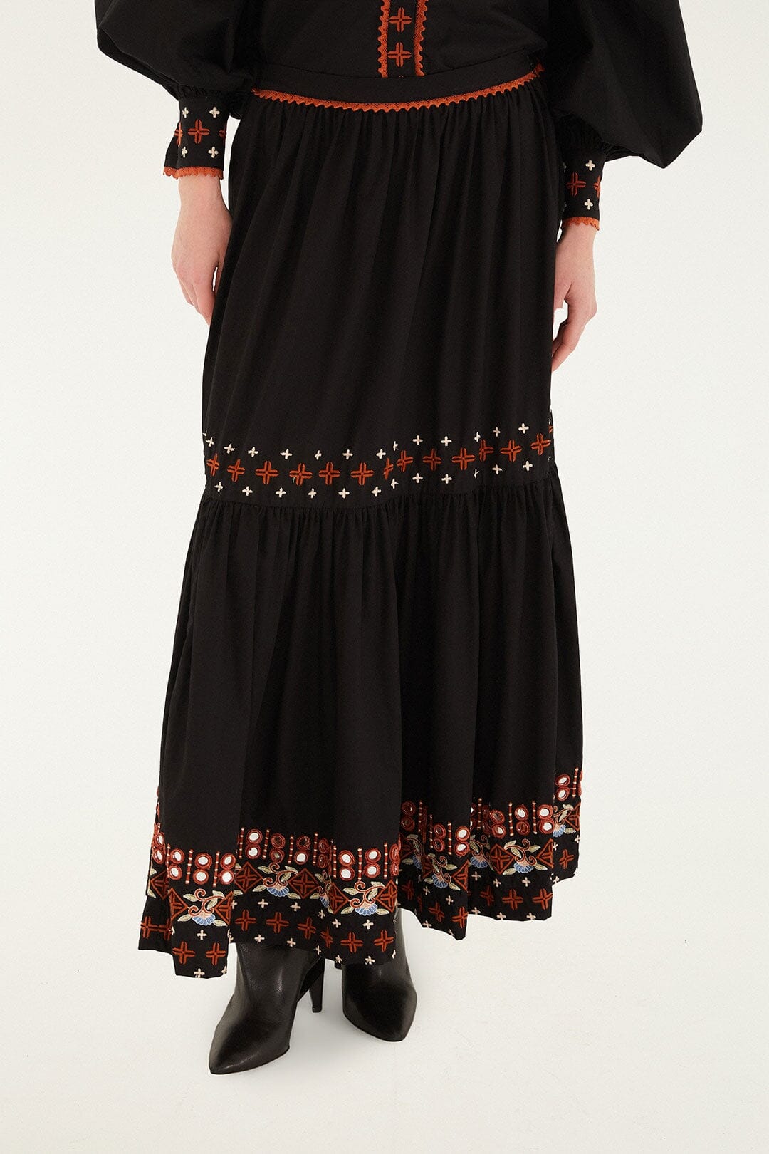 Black Embroidered Tiered Maxi Skirt