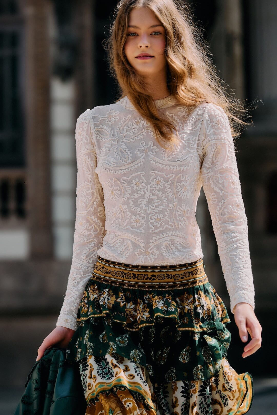 embroidered crew neck long sleeve blouse
