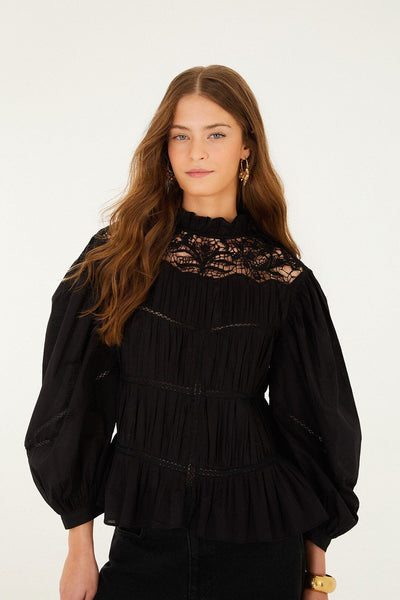 Black Lace Puff Sleeve Blouse | FARM Rio