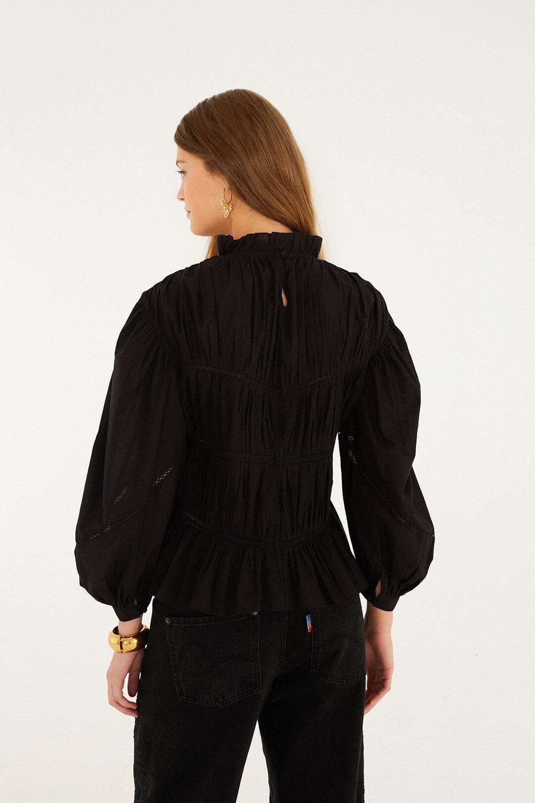 Black Lace Puff Sleeve Blouse