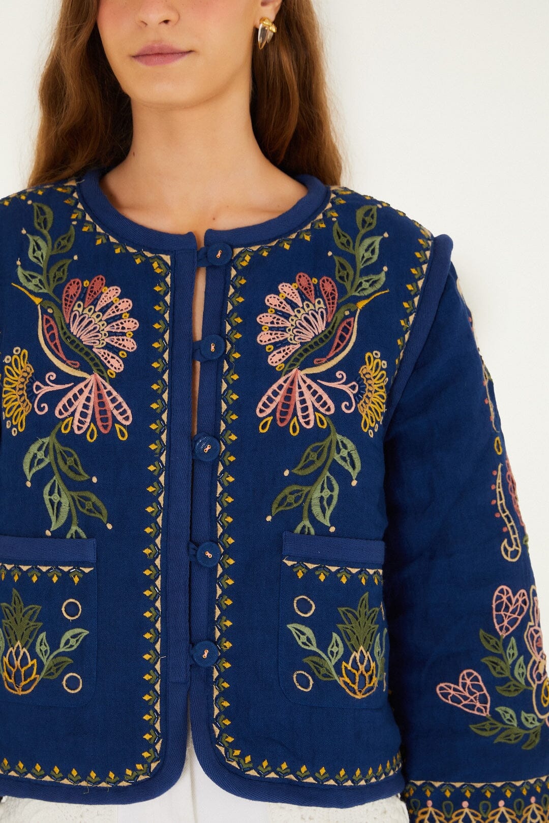 Dark Blue Embroidered Pockets Richelieu Jacket | FARM Rio
