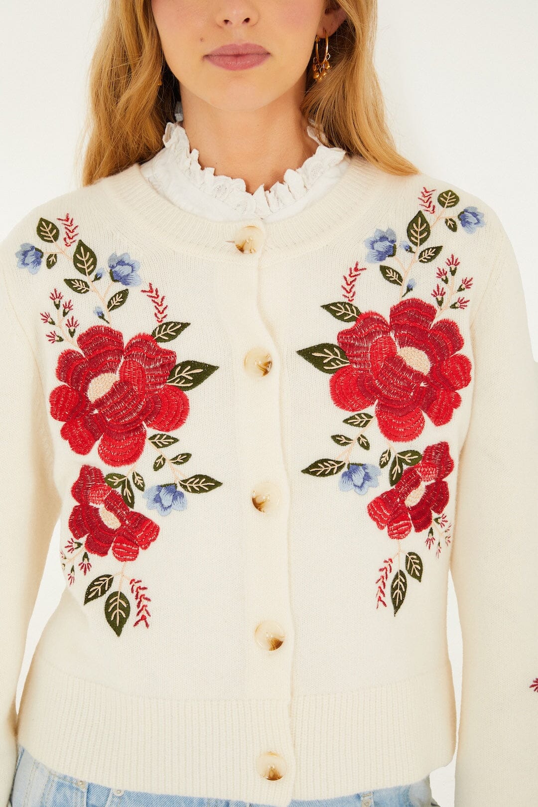 Cream Embroidered Flowers Buttoned Knit Cardigan | FARM Rio