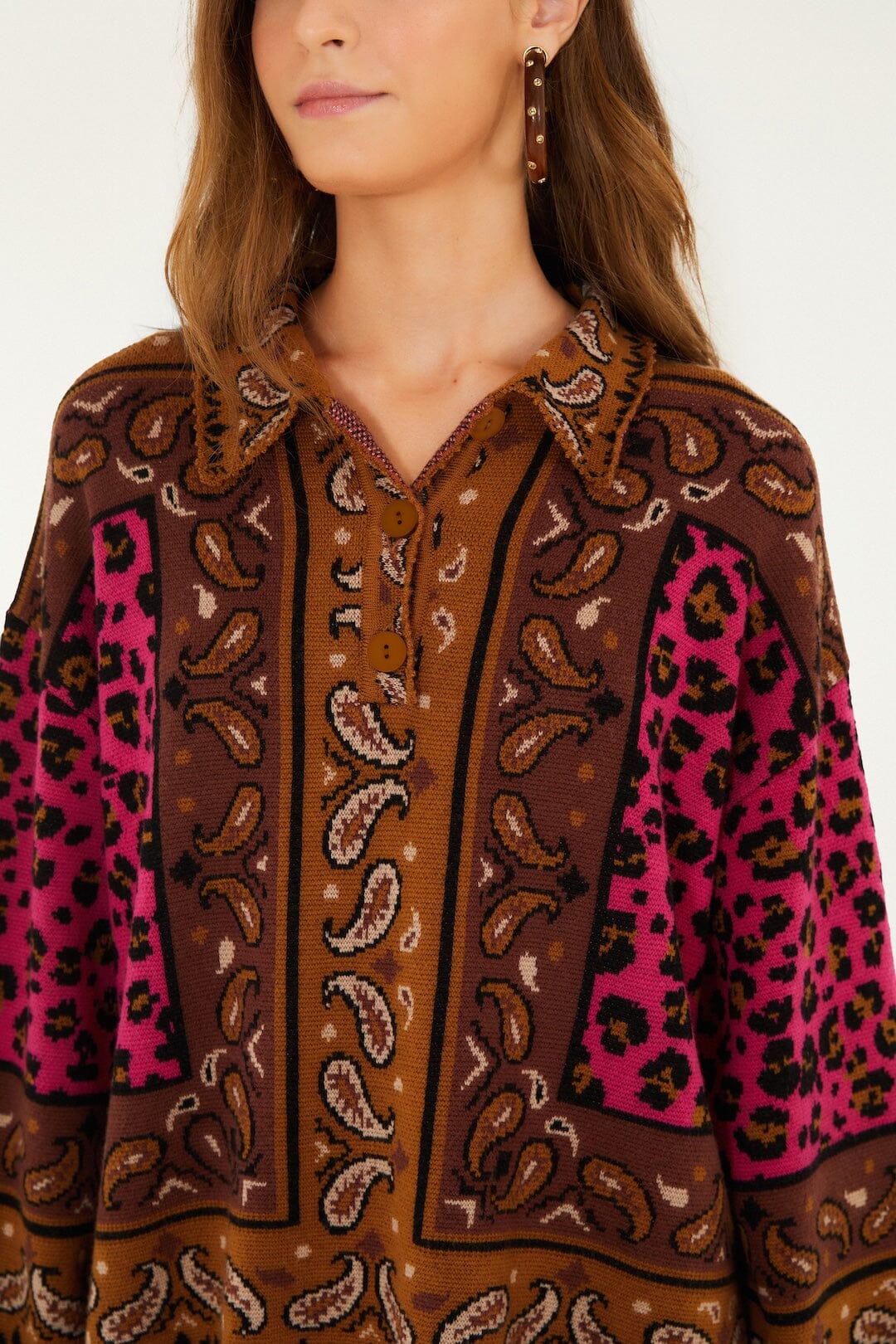 Brown Leopard Scarf Polo Knit Sweater
