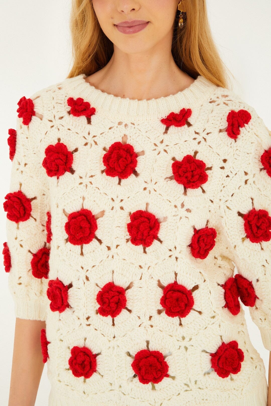 Red Flower Crochet Knit Blouse | FARM Rio