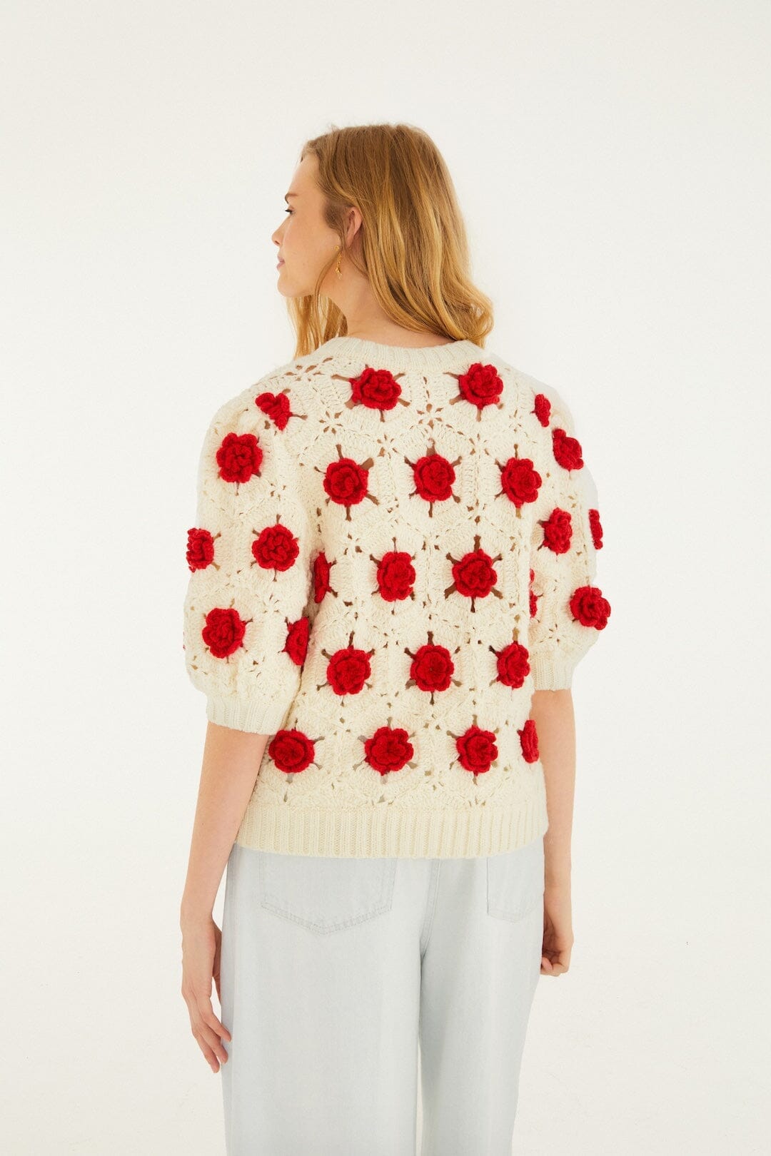Red Flower Crochet Knit Blouse