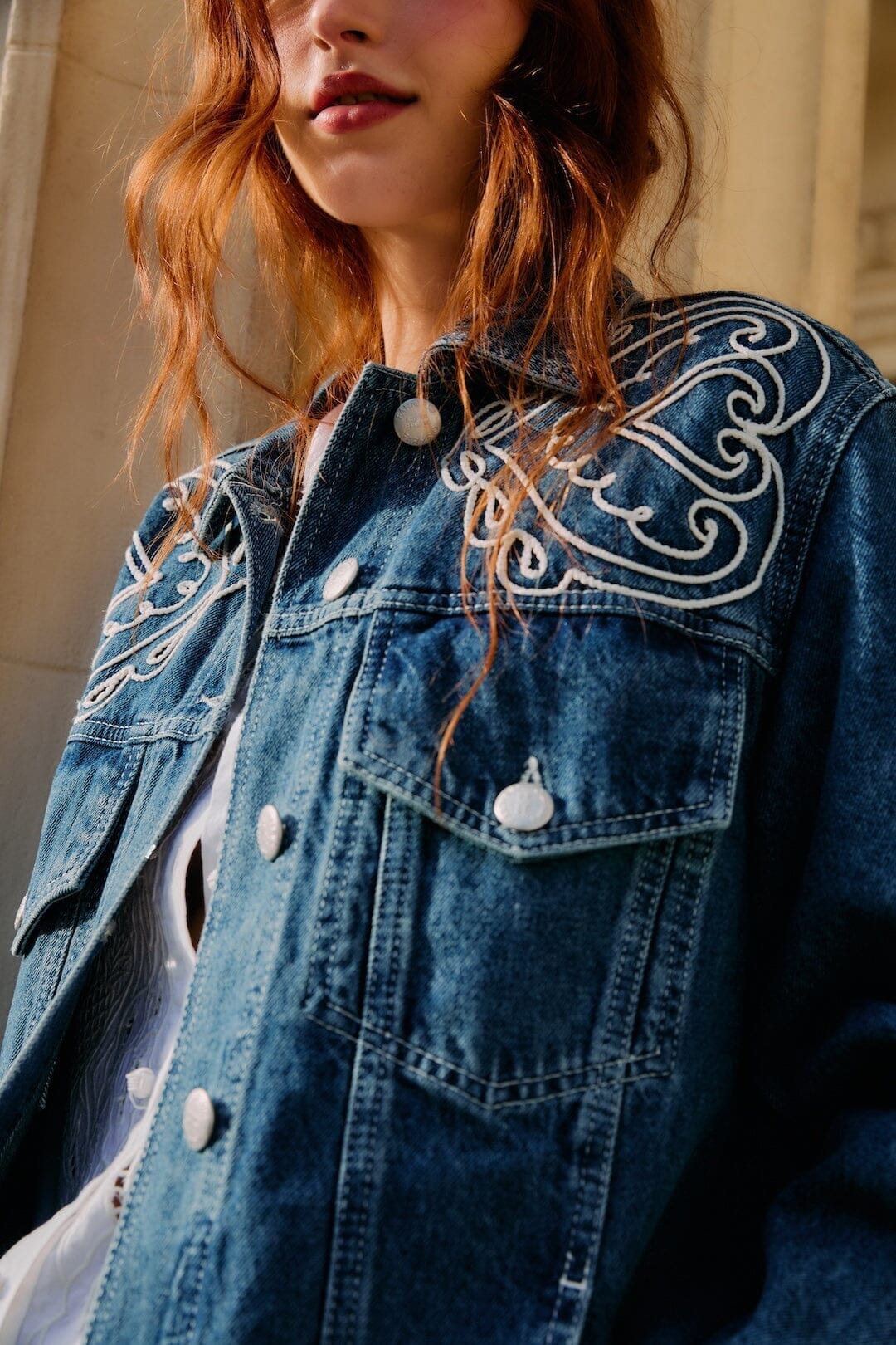Denim Cornely Buttoned Embroidered Jacket | FARM Rio