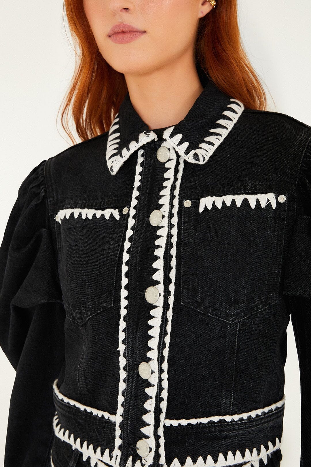 Black Romantic Crochet Embroidery Puff Sleeve Denim Jacket | FARM Rio