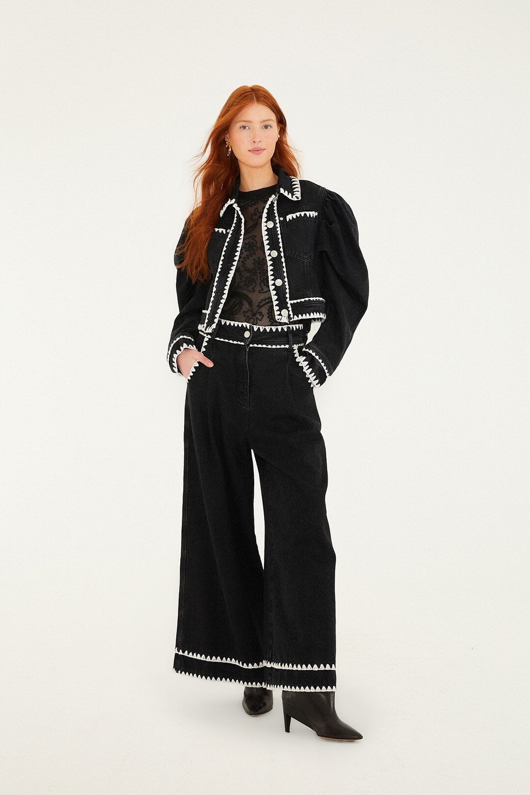 Black Romantic Crochet Embroidery Puff Sleeve Denim Jacket | FARM Rio